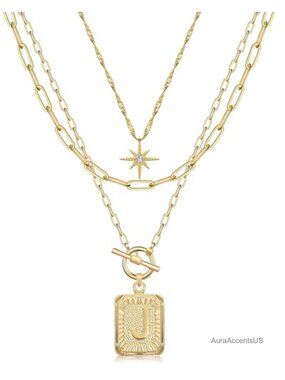 Layered Initial Necklace for Women Paperclip Chain 14k White Gold Plated 3